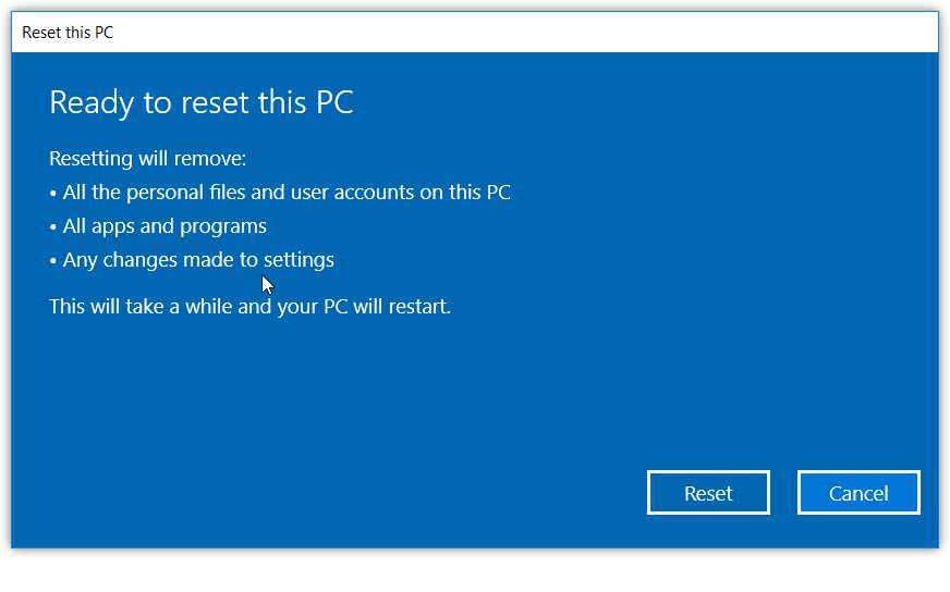 Cum se resetează Windows 10 - Sumar resetare Windows 10